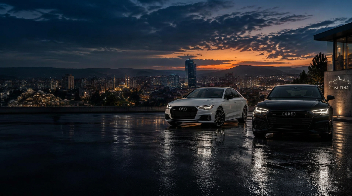 White and black Audi sedans above the Prishtina skyline at dusk